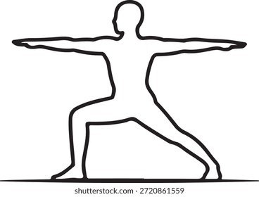Simple contorno negro de una persona practicando yoga en una pose de guerrero con una rodilla doblada y brazos extendidos sobre un fondo blanco.