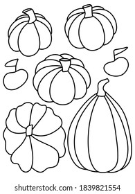 Simple black outline pumpkins and apples set stock vector illustration. Funny different shape and size pumpkins harvest fall season vertical coloring page. Black outline vegetables isolated on white.