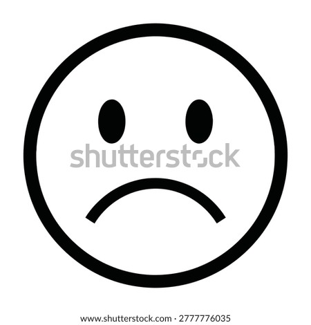 A simple black outline of a sad face emoticon icon isolated on a clean white background. This minimalist symbol represents unhappiness, sorrow, disappointment or mood.
