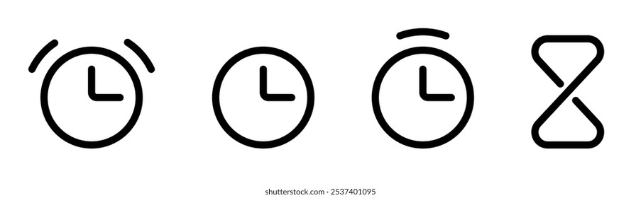 A simple black outline set of four time-related icons featuring clocks and an hourglass in a minimalist style.