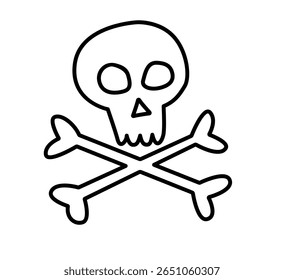 Simple black outline of skull and crossbones icon for pirate theme. Clipart image isolated on background.