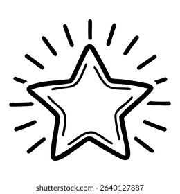 A simple black outline of a star with radiating lines around it. The design is minimalistic and suitable for various graphic applications.