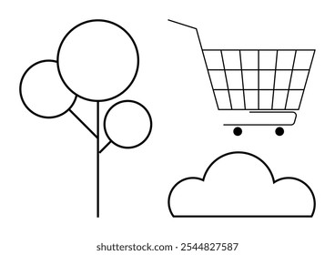 Un estilo de contorno negro simple con un árbol, Carrito de compras y nube. Ideal para la naturaleza, las compras, el medio ambiente, la planificación urbana y temas ecológicos. Arte lineal minimalista