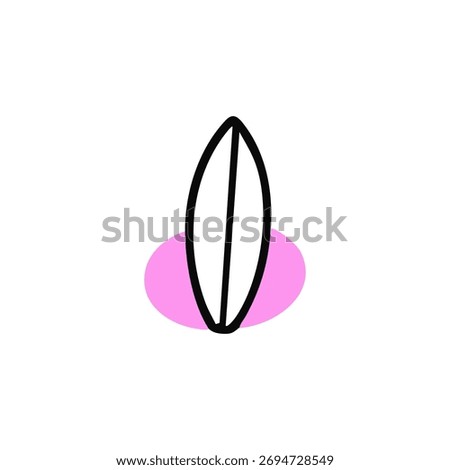 Simple black outline of a surfboard on a white background with a light pink circle underneath