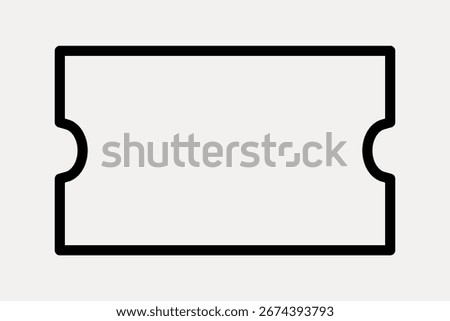 Simple black outline of a ticket on a white background. Ticket design is minimalistic, with clean lines. Perfect for event ticket templates or digital designs. Frame vector with copy space.