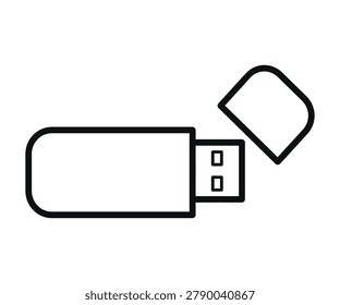 Simple black outline of a USB flash drive with removable cap on white background