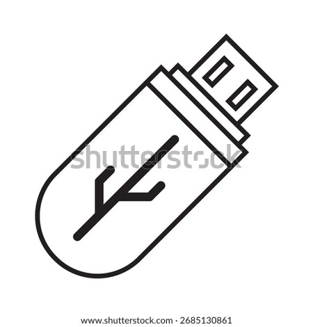 Simple black outline of USB stick or pen drive with simplified USB symbol sign. Cartoon line art of flash drive. Vector illustration. Minimal clean sleek design for icon and electronic labels. EPS 10.