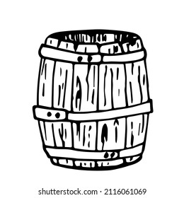 Simple black outline vector drawing. Old wooden barrel. Sketch in ink.