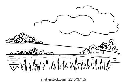 Simple black outline vector drawing. Summer landscape, nature. Bushes and trees, river and reeds, clouds in the sky. Sketch in ink.