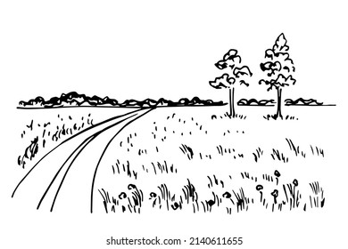 Simple black outline vector drawing. Summer landscape, countryside nature. Road in the field, trees, meadow grass, flowers. Sketch in ink.