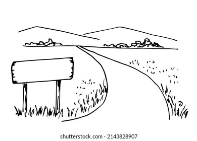 Simple black outline vector drawing. Summer landscape, country trip, turn of the road. Mountains on the horizon, nature. Tourism and travel, pointer, signboard.