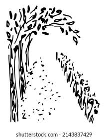 Simple black outline vector drawing. Summer landscape, alley, arch of trees. Walk in the park, footpath. Sketch in ink.