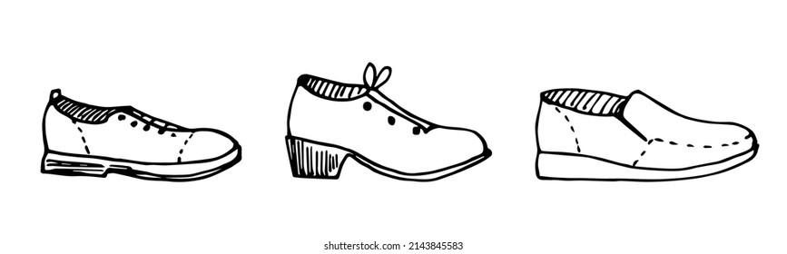 Simple black outline vector drawing. Various women's spring boots. Shoe store. Sketch in ink.