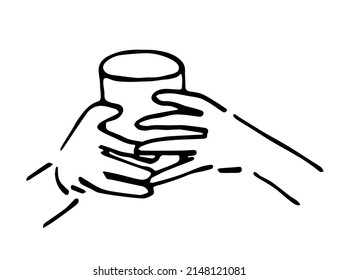 Simple black outline vector drawing. Hands holding a glass. Ink sketch. Food and drinks.