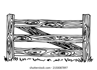 Simple black outline vector drawing. Farm fence from boards, ranch. Cattle corral. Ink sketch.