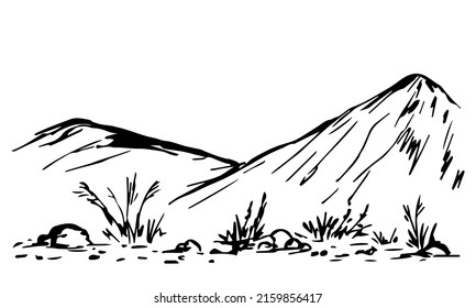 Simple Black Outline Vector Drawing. Mountain Landscape, Desert Area, Dry Grass, Stones. Wild Nature.