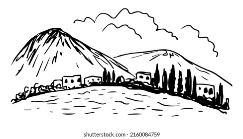 Simple black outline vector drawing. Mountain village on the lake. Landscape and nature. Houses and cypresses, trees. Tourism and travel.