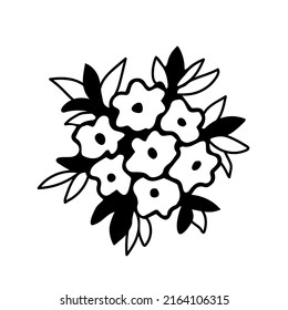 Simple black outline vector drawing. Bouquet of small flowers, foliage isolated on white background.
