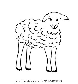 Einfache, schwarze Rahmenzeichnung, Vektorgrafik. Lamm, junge Schafe. Bauernhof, Haustiere. Ranch und Dorf. Tiere und Natur. Skizze mit Tinte.