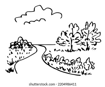 Simple Black Outline Vector Drawing. Country Trip, Rural Road, Trees And Bushes. Clouds In The Sky, Nature And Landscape. Sketch In Ink.