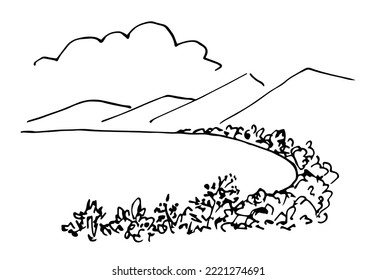 Simple Black Outline Vector Drawing. Sea Shore , Bay. Mountains On The Horizon, Clouds In The Sky. Trees And Bushes. Coast With Vegetation. Nature And Landscape. Sketch In Ink.