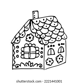 Simple black outline vector drawing. Traditional Christmas dessert Gingerbread house. New Year's design. Sketch in ink.