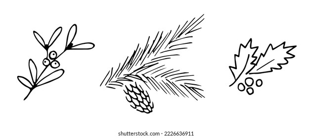 Simple black outline vector drawing. Set of plant elements for Christmas decoration. Coniferous branch and cone, mistletoe sprig, berries and holly leaves. Sketch in ink.