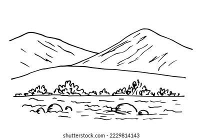 Dibujo simple del vector de contorno negro. Naturaleza y paisaje, río tormentoso, rábano, piedras, montañas en el horizonte, arbustos y vegetación.