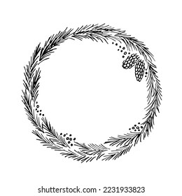 Simple black outline vector drawing. Christmas wreath, round frame of coniferous branches and cones. For New Year's design, labels, postcards. Ink sketch.