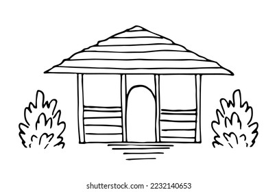 Simple black outline vector drawing. Summer gazebo in the garden, tea house, bushes. Ink sketch.