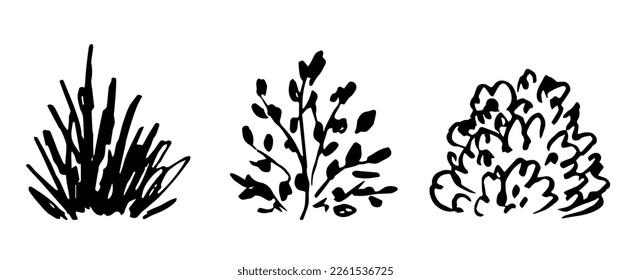 Simple black outline vector drawing. Various bushes, grass and vegetation. Nature and landscape. Foliage and branches.