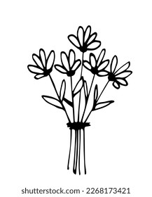 Dibujo simple del vector de contorno negro. Bouquet de flores. Para postales impresas, vacaciones de verano de primavera, día de la madre, 8 de marzo.