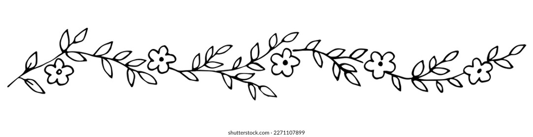 Simple black outline vector drawing. Long flower garland, twigs with leaves. Floral border. Sketch in ink.