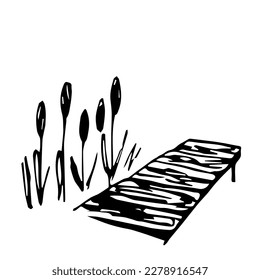 Simple black outline vector drawing. Wooden pier, reeds. Sketch in ink.