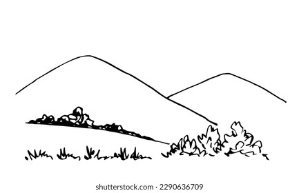 Simple black outline vector drawing. Mountain landscape, countryside. Trees, bushes and grass. Sketch in ink. Nature and vegetation.