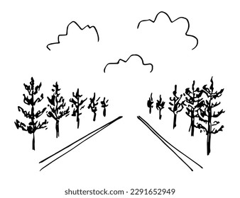 Simple black outline vector drawing. Road into the distance, trees on the roadside, clouds in the sky. Country trip. Alley in the park. Sketch in ink.
