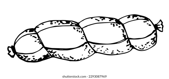 Simple black outline vector drawing. A bunch of sausages, meat products. Sketch in ink.