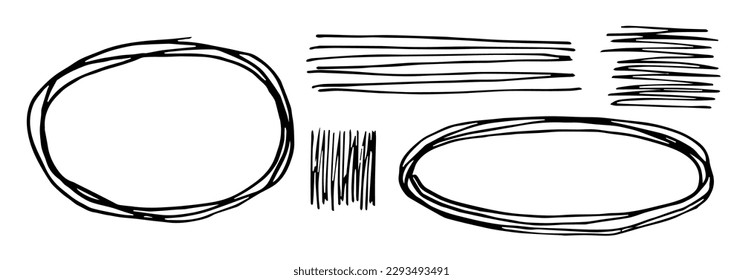 Einfache, schwarze Rahmenzeichnung, Vektorgrafik. Ovale Rahmen, Linien, Striche. Doodle-Set, Farbskizze.