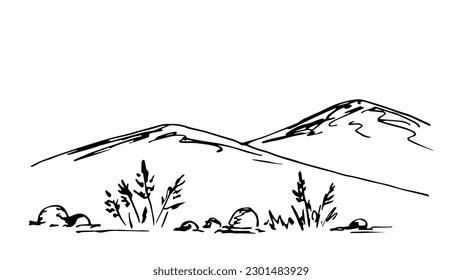 Simple black outline vector drawing. Desert area, mountain landscape, bushes of dry grass, stones. Wild nature. Ink sketch.