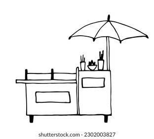 Simple black outline vector drawing. Street food stall, umbrella. Sale of drinks and snacks, ice cream. Sketch in ink.