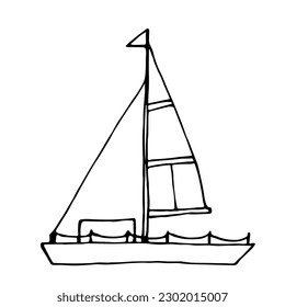 Simple black outline vector drawing. Yacht with a sail. Water transport, boat trip, summer vacation. Sketch in ink.