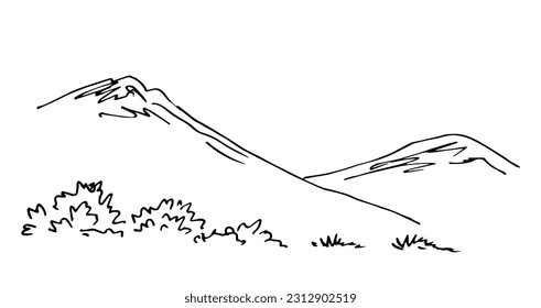 Simple black outline vector drawing. Mountains on the horizon, bushes and grass. Summer landscape, nature. Sketch in ink.