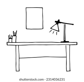 Simple black outline vector drawing. Desk, table lamp, rectangular frame. Sketch in ink. Interior and furniture.