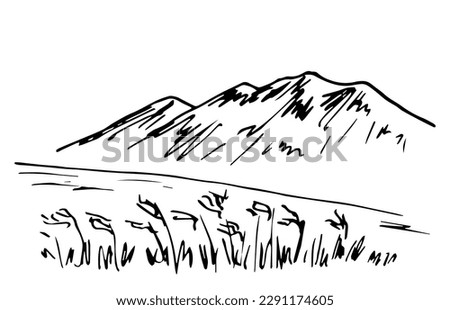 Simple black outline vector drawing. Mountain landscape, wilderness, feather grass, prairie. Sketch in ink.