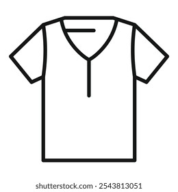 Simple black outline vector icon representing a t shirt with short sleeves and v neck, isolated on a white background