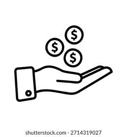 Ein einfaches, schwarzes Vektorsymbol mit einer offenen Handfläche, die nach oben zeigt, mit drei schwimmenden Münzen, die mit Dollarzeichen darüber gekennzeichnet sind und Zahlungen, Finanzen oder den Empfang von Geld symbolisieren.