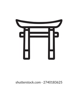 A simple black outline vector icon of a traditional Japanese Torii gate. This minimalist symbol represents a sacred entrance to a Shinto shrine in Japan.