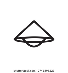 A simple black outline vector icon of a traditional Asian conical hat, also known as a rice hat or n??n l?�, isolated on a clean white background.