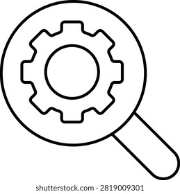 A simple black outline vector icon depicting a magnifying glass with a gear mechanism inside.