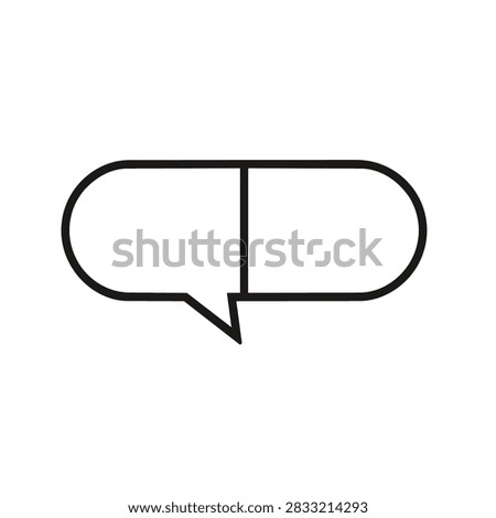 A simple black outline vector icon depicting a pharmaceutical pill combined with a chat balloon design element